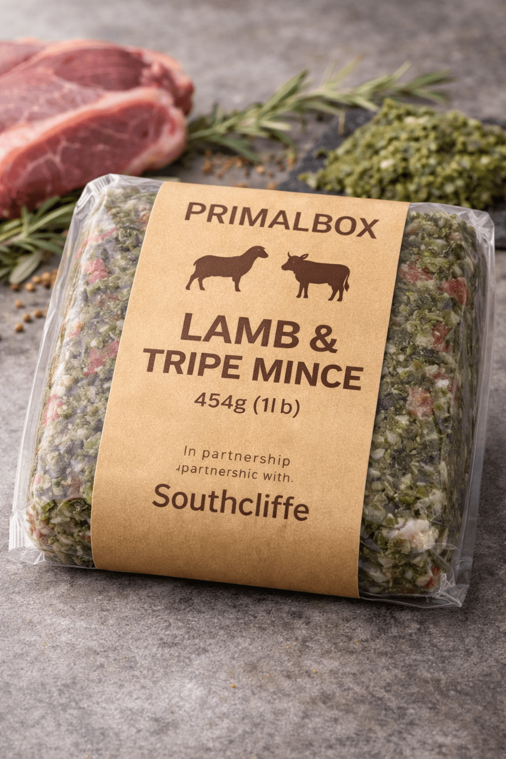Lamb & Tripe Mince Block – 454g 80:10:10 (Human-Grade Raw Dog Food)