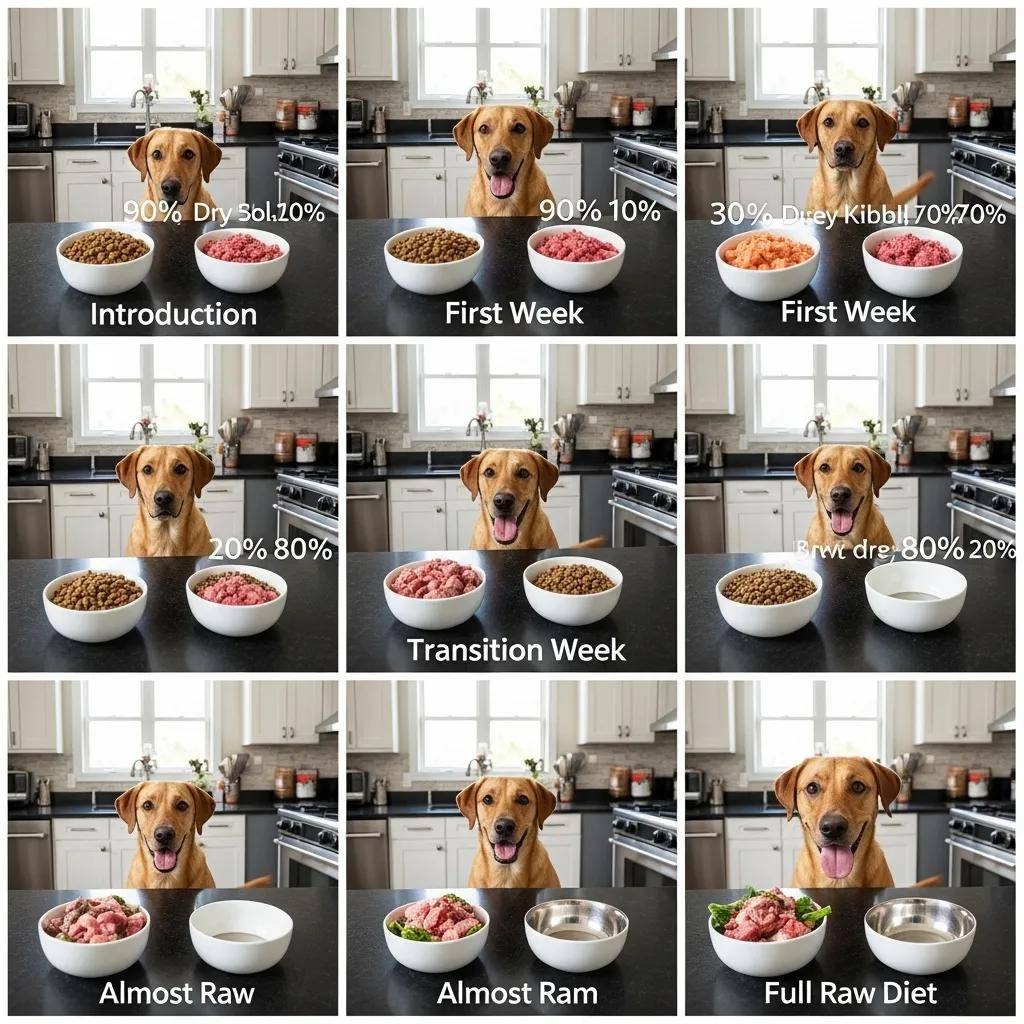 Step-by-step visual showing a dog's gradual change to a raw feeding routine