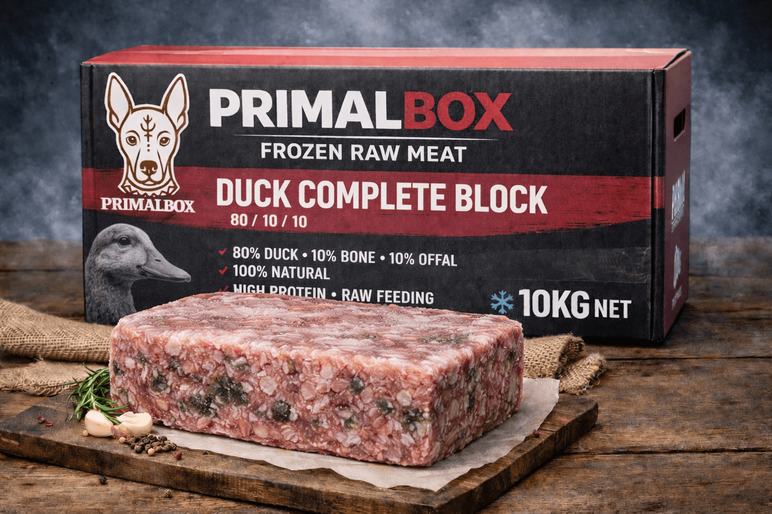 10kg Duck Complete Block (80/10/10) – Frozen Raw Dog Food